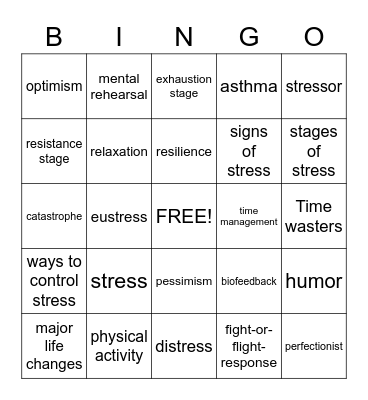 Stress Management Bingo Card