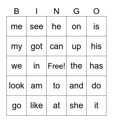 Sight Words Bingo Card