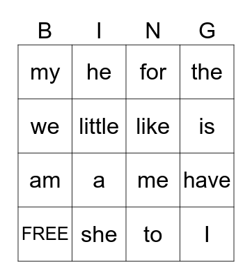 Sight Words Bingo Card