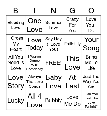 Love Song Bingo Card