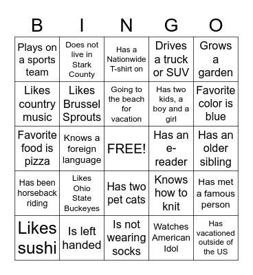 Getting to know you Bingo Card