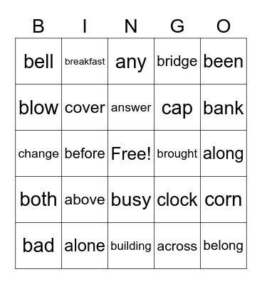 Sight Words Bingo Card