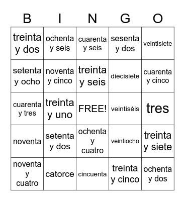 Spanish Numbers Bingo Card