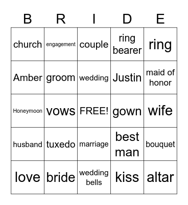 Bridal Shower Bingo! Bingo Card