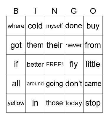 Sight Words Bingo Card