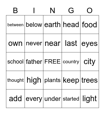 Sight Word Bingo Card