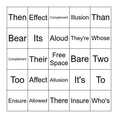 Homophone Bingo Card