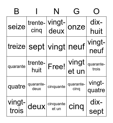 French Numbers Bingo Card