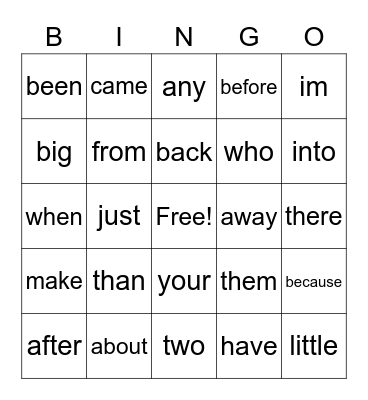 Sight Words Bingo Card