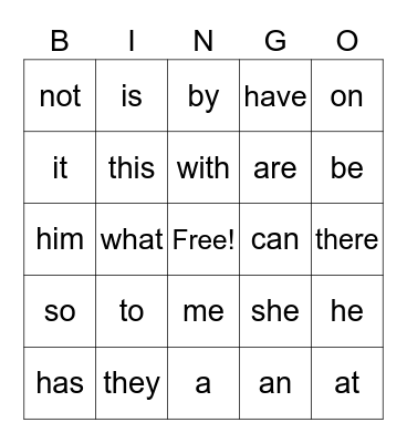 Sight Words Bingo Card