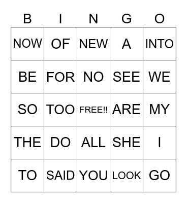 Sight Words Bingo Card