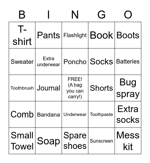 Camp Packing List Bingo Card