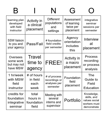 Field Education Bingo Card