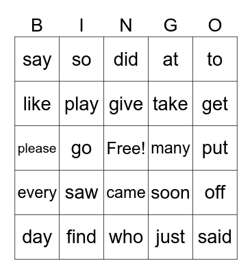 Sight Words Bingo Card