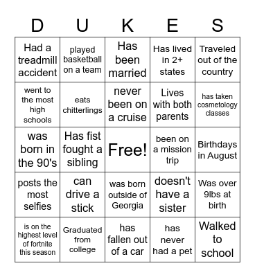 Dukes Family BINGO Card