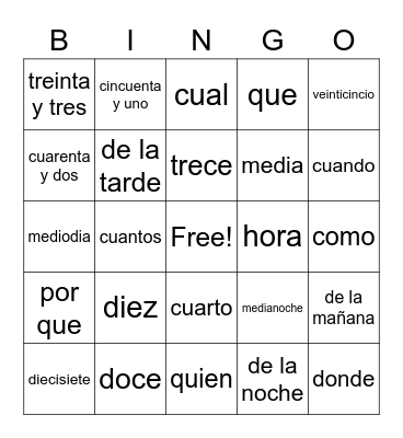 Spanish Bingo Card