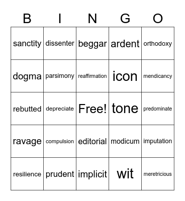 Vocabulary Bingo Card