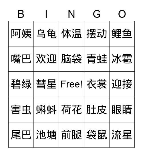 中文学习小组Bingo游戏 Bingo Card