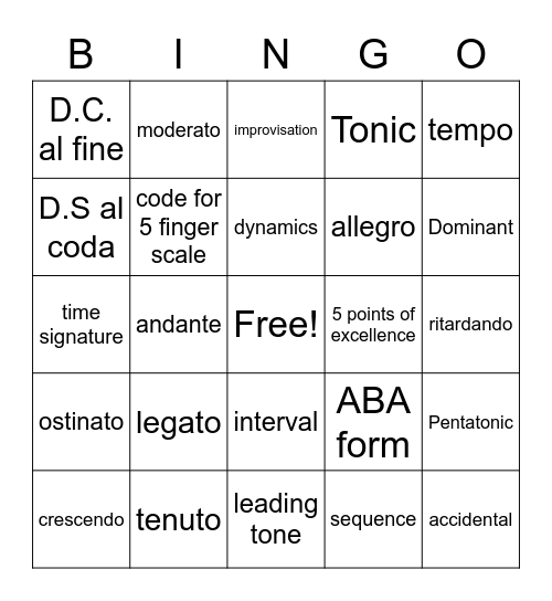 Music terms level 2 Bingo Card