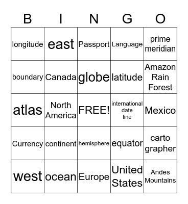World Geography Bingo Card
