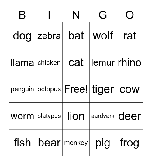 All About Animals! Bingo Card