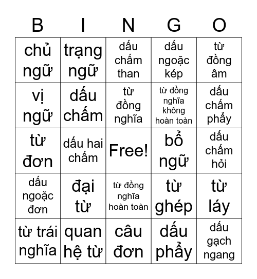 bing go tiếng việt Bingo Card