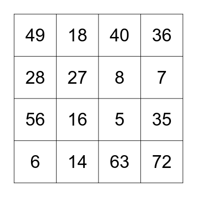 Multiplication Bingo Card
