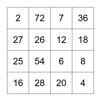 Multiplication Bingo Card