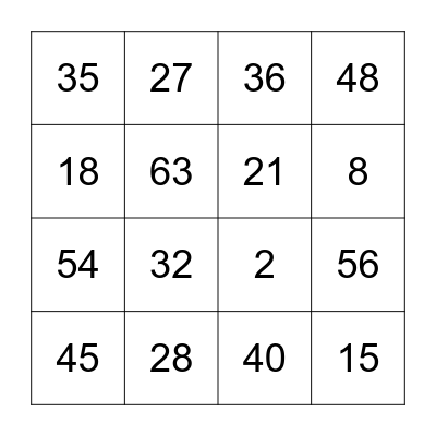 Multiplication Bingo Card