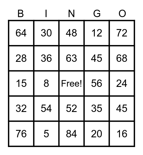 Multiplication Bingo Card