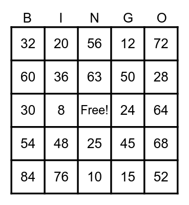 Multiplication Bingo Card