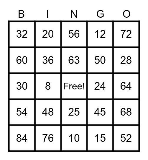 Multiplication Bingo Card