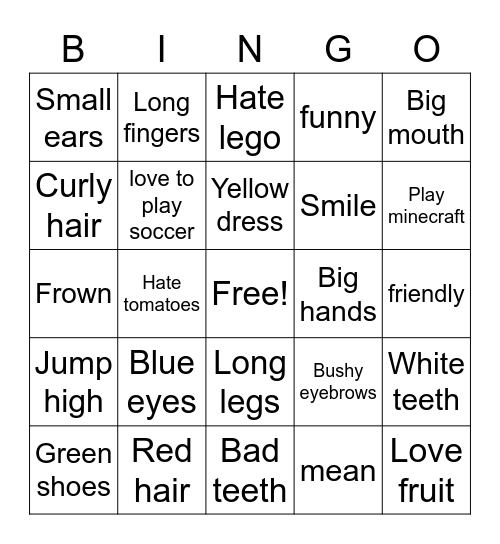 Descriptions Bingo Card