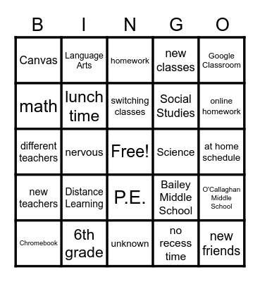 Middle School Bingo Card