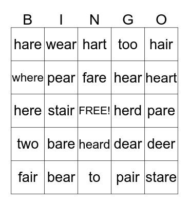 Homophone Bingo Card