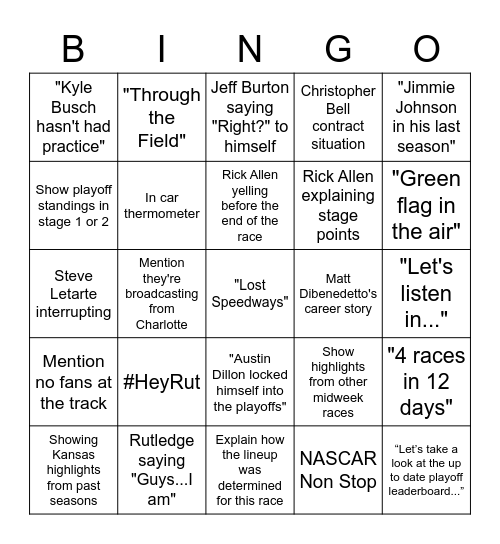 NASCAR on NBC Kansas Edition Bingo Card