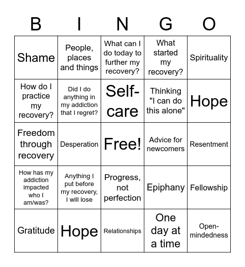 R2R Recovery Bingo Card