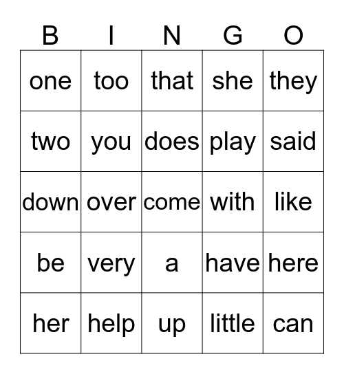 Sight Word  Bingo Card