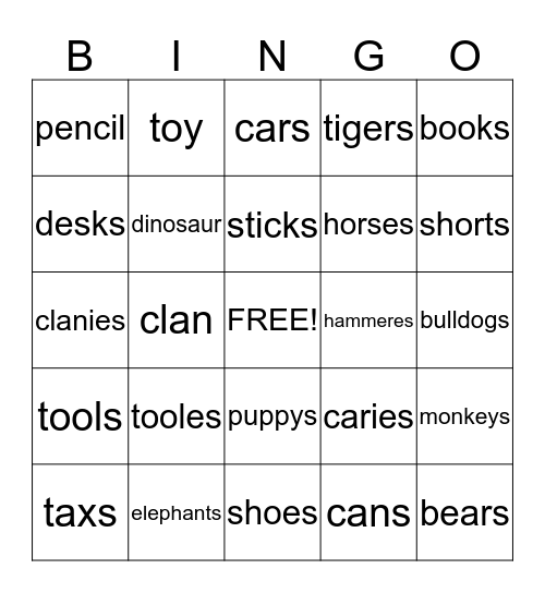 Singular and Possesive Pronouns Bingo Card