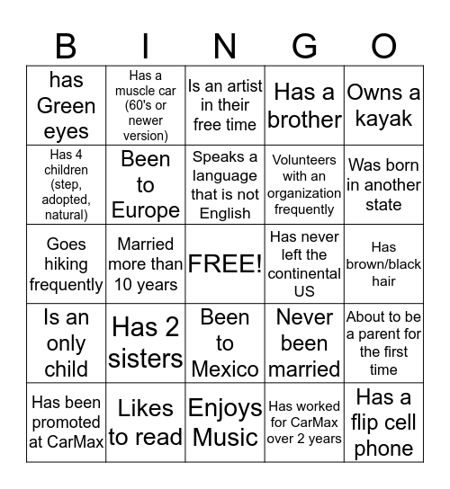 Getting to Know One Another Bingo Card