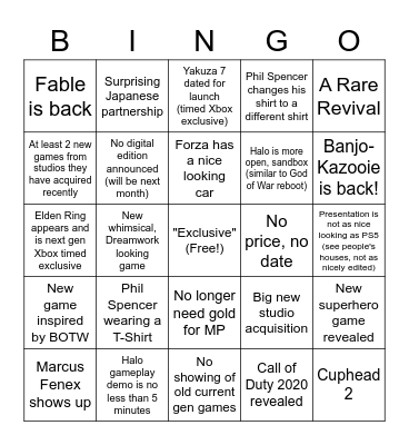 Xbox Showcase Bingo Card