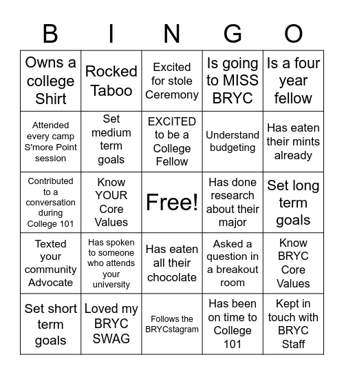 BRYC College 101 Bingo Card