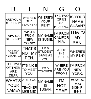 LEARNING ASL - UNIT 1 (SENTENCES) Bingo Card