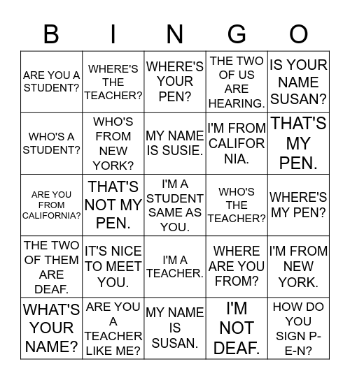 LEARNING ASL - UNIT 1 (SENTENCES) Bingo Card