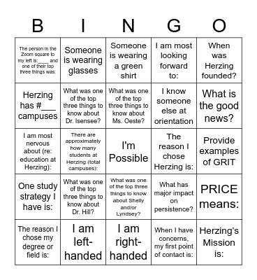 Herzing Orientation Bingo Card