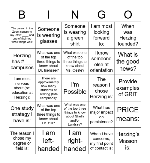 Herzing Orientation Bingo Card