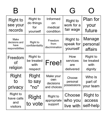 Resident Rights Bingo Card