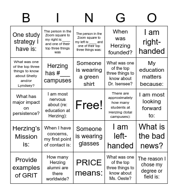 Herzing Orientation Bingo Card