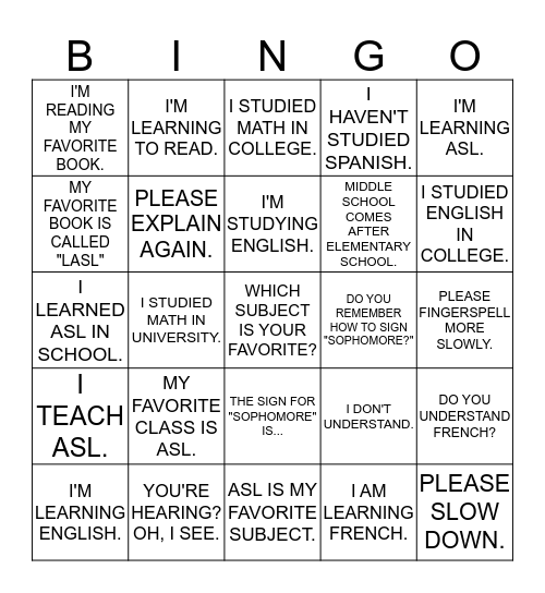 Learning ASL - Unit 2 (Sentences) Bingo Card