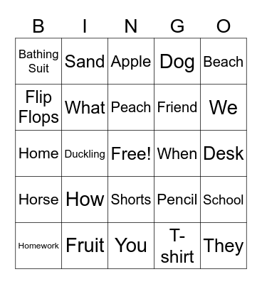 Alyssa's English Bingo Game Bingo Card